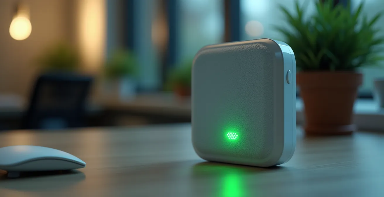 Capteur de qualité d'air moderne dans un espace de travail lumineux